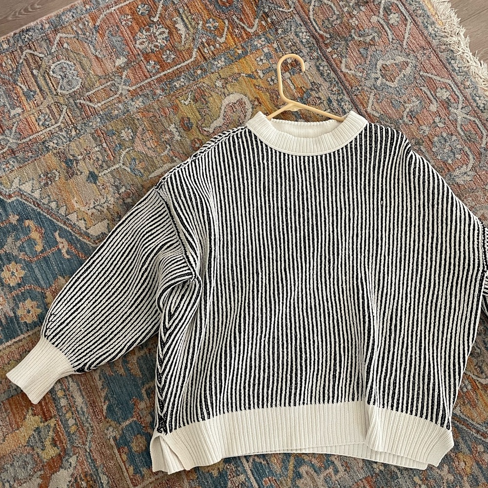Aerie Black and White Striped Crew Neck Sweater